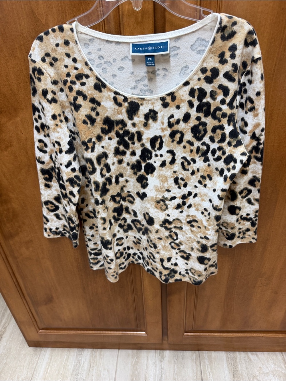 Karen Scott Leopard Print Long Sleeve Scoop Neck Top - Tan & Black